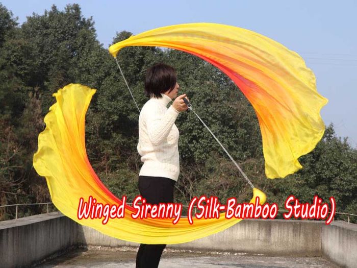 Media Luna Velo poi de seda para danza del vientre rojo-naranja-amarillo 1.8m*0.9m