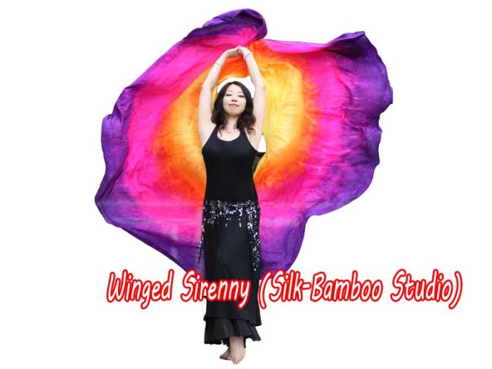 Velo semicirculares de seda 8 Mommes para Danza del Vientre amarillo-naranja-rosado-violeta