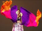70" x 45" extra large Golden Violet belly dance silk fan veil