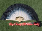 1 Pair white-black short Chinese silk dance fan, 10cm (4") flutter