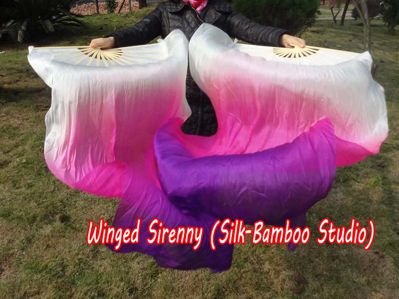 1 pair 1.5m (59") white-pink-purple belly dance silk fan veil