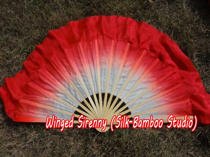 1 Pair white-red short Chinese silk dance fan, 10cm (4") flutter