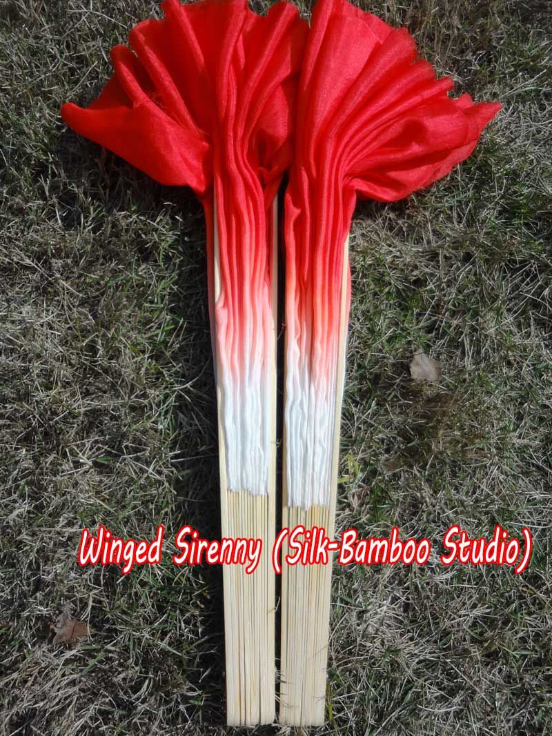 1 Pair white-red short Chinese silk dance fan, 10cm (4") flutter