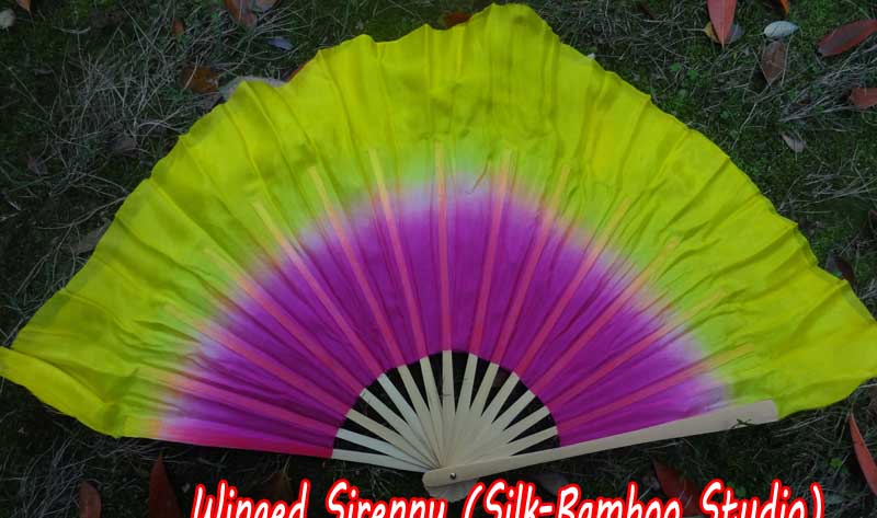 1 Pair pink-yellow short Chinese silk dance fan, 10cm (4") flutter