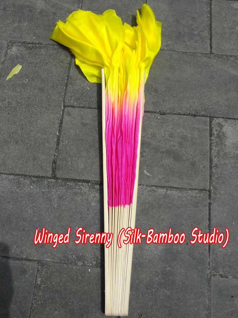 1 Pair pink-yellow short Chinese silk dance fan, 10cm (4") flutter