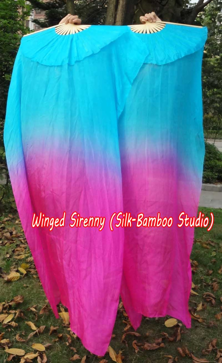 1 pair 1.5m (59") turquoise-pink belly dance silk fan veil