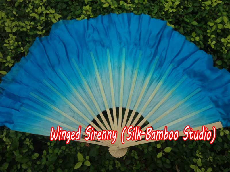 1 Pair light turquoise-turquoise short Chinese silk dance fan, 10cm (4") flutter