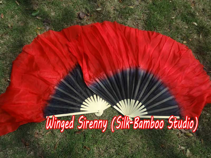 1 Pair black-red short Chinese silk dance fan, 30cm (12") flutter
