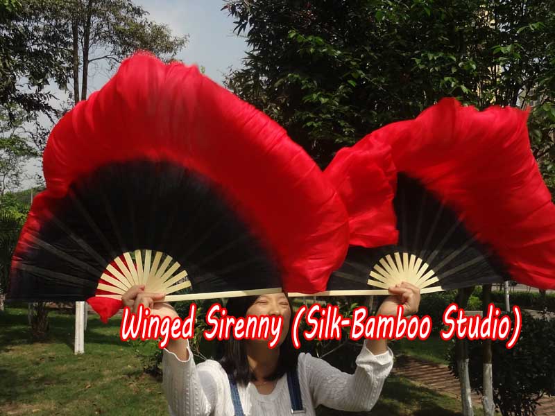 1 Pair black-red short Chinese silk dance fan, 30cm (12") flutter
