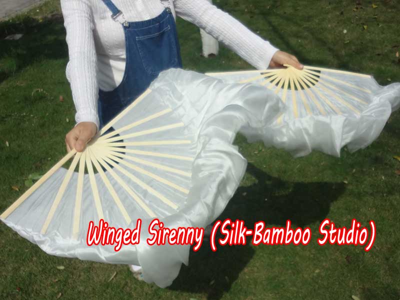 1 Pair White short Chinese silk dance fan, 30cm (12") flutter