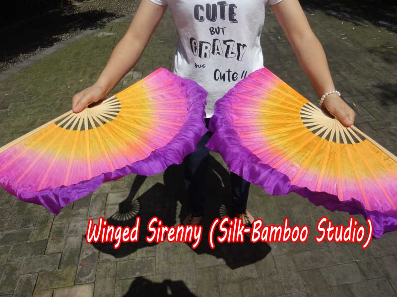 1 Pair Golden Violet short Chinese silk dance fan, 10cm (4") flutter