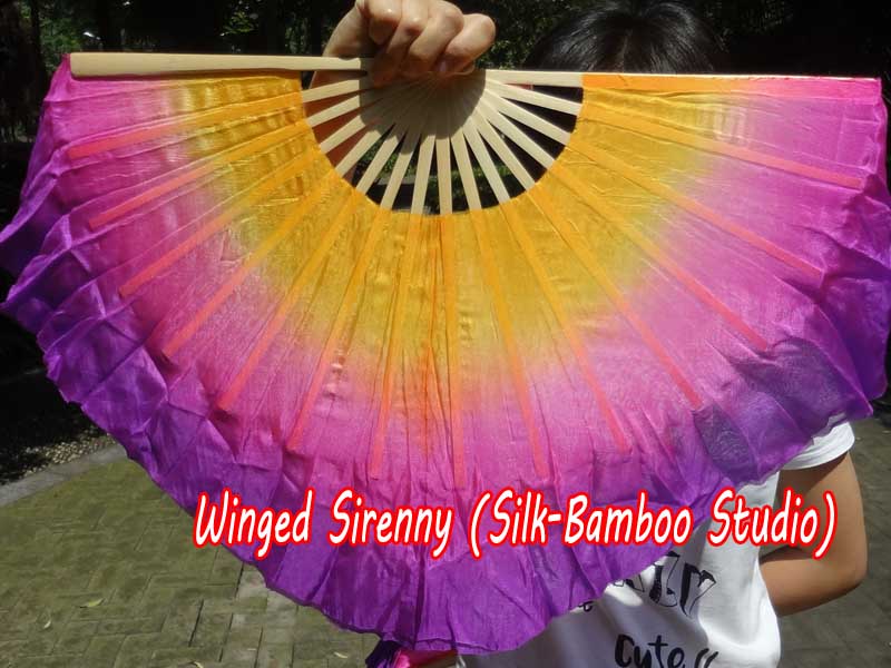 1 Pair Golden Violet short Chinese silk dance fan, 10cm (4") flutter