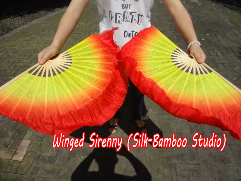 1 Pair yellow-red short Chinese silk dance fan, 10cm (4") flutter