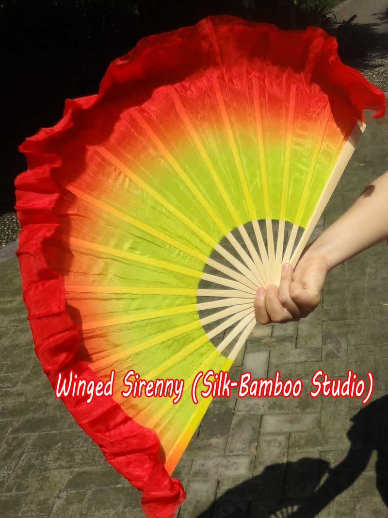 1 Pair yellow-red short Chinese silk dance fan, 10cm (4") flutter