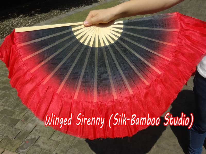 1 Pair Black-red short Chinese silk dance fan, 10cm (4") flutter