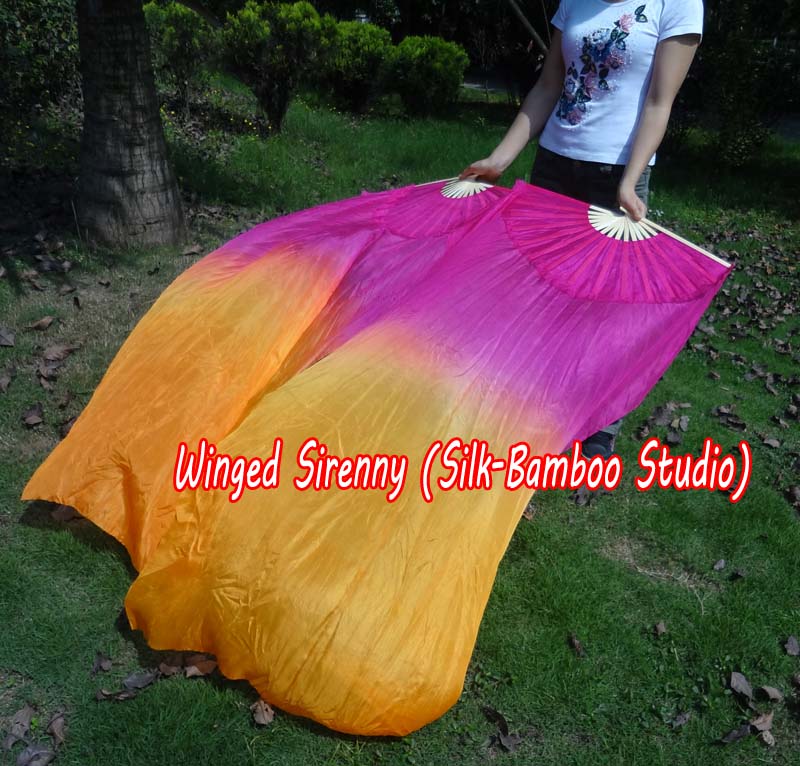 1 pair 1.5m (59") pink-orange belly dance silk fan veil