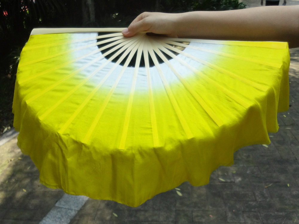 1 Pair white-yellow short Chinese silk dance fan, 10cm (4") flutter