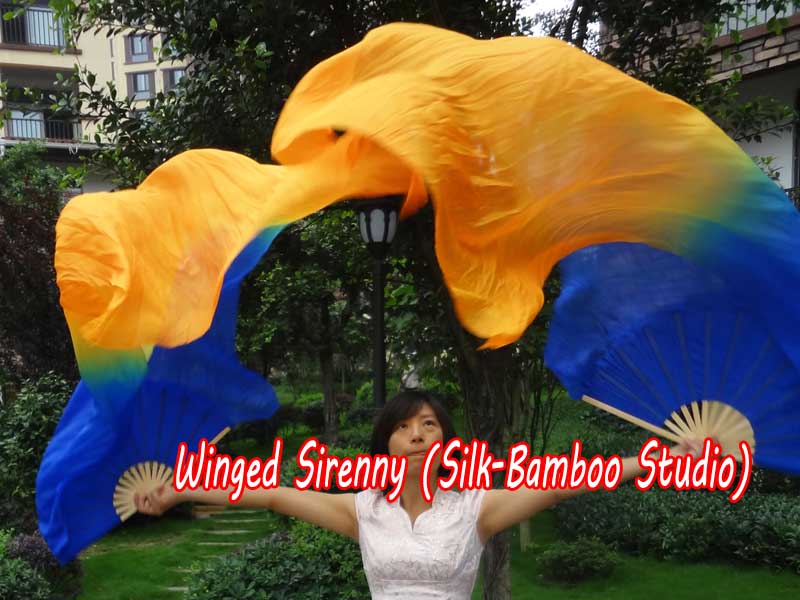 1 pair 1.5m (59") blue-orange belly dance silk fan veil