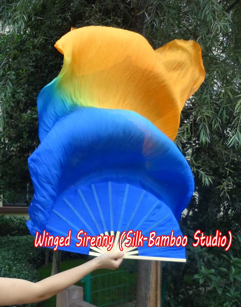 1 pair 1.5m (59") blue-orange belly dance silk fan veil