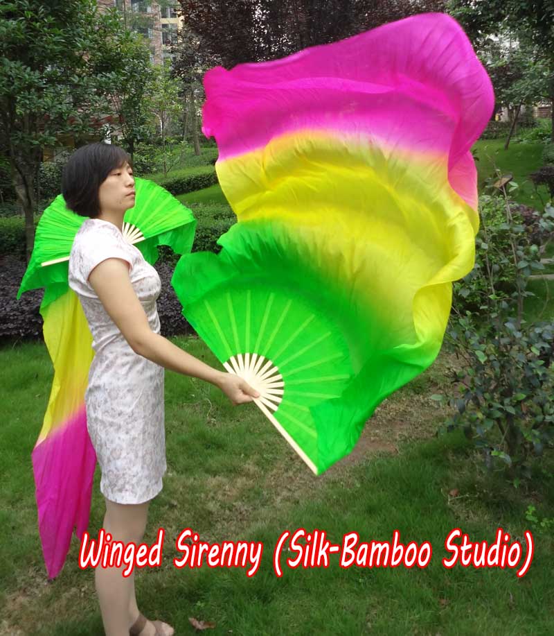 1 pair 1.5m (59") green-yellow-pink belly dance silk fan veil