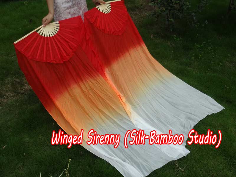 1 pair 1.5m (59") red-fading belly dance silk fan veil