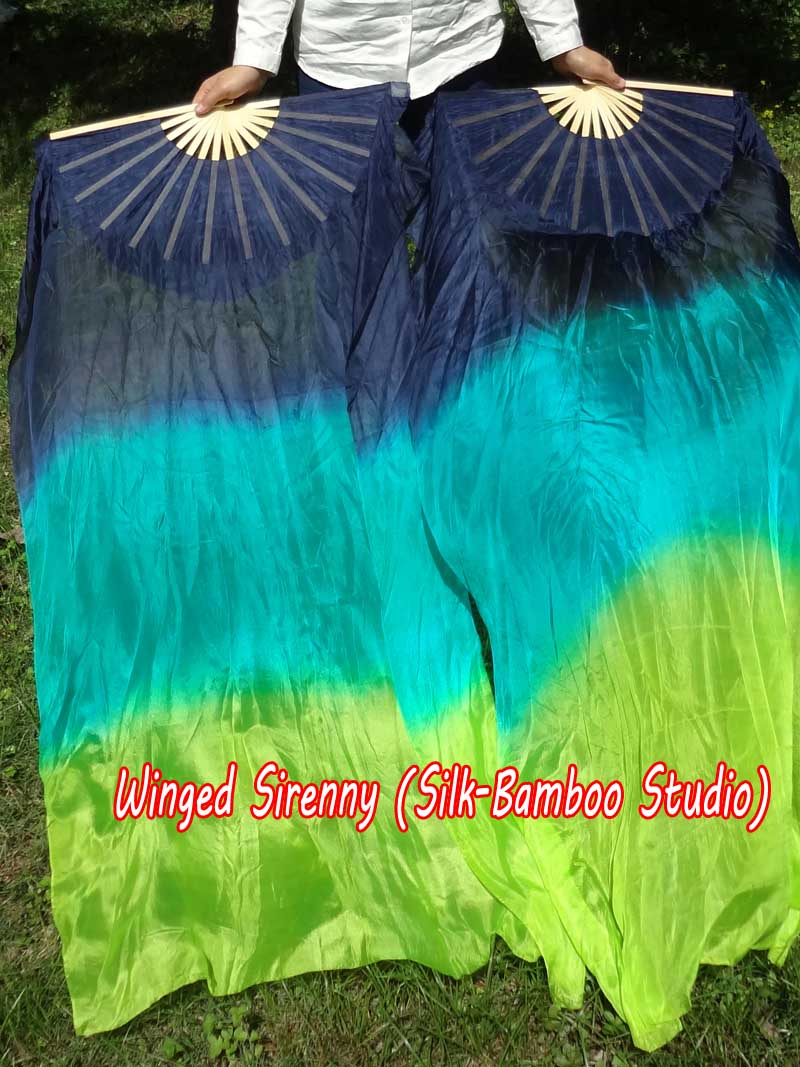 1 pair 1.5m (59") navy blue-aqua-yellow green belly dance silk fan veil