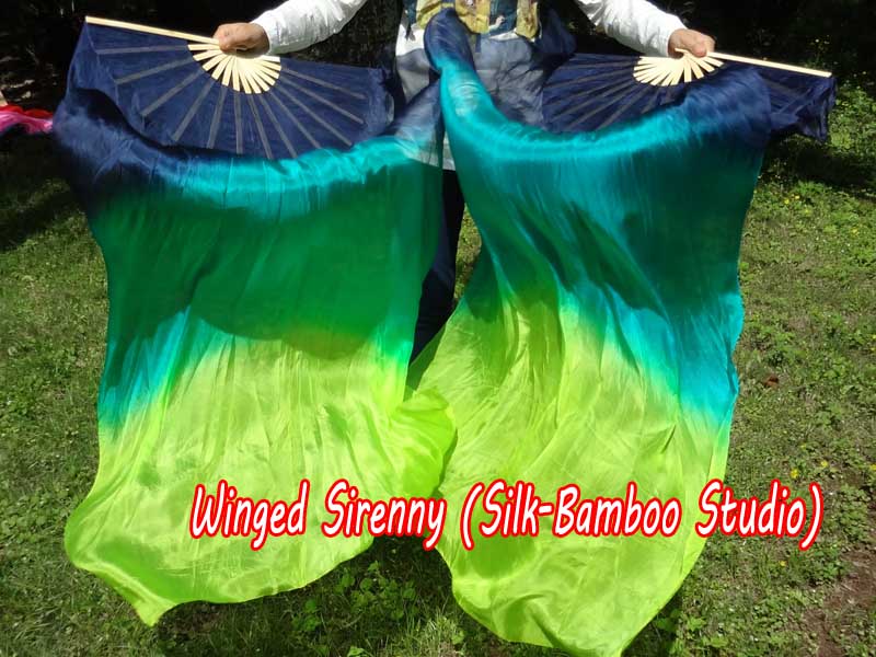 1 pair 1.5m (59") navy blue-aqua-yellow green belly dance silk fan veil