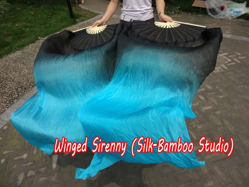 1 pair 1.5m (59") black-turquoise belly dance silk fan veil