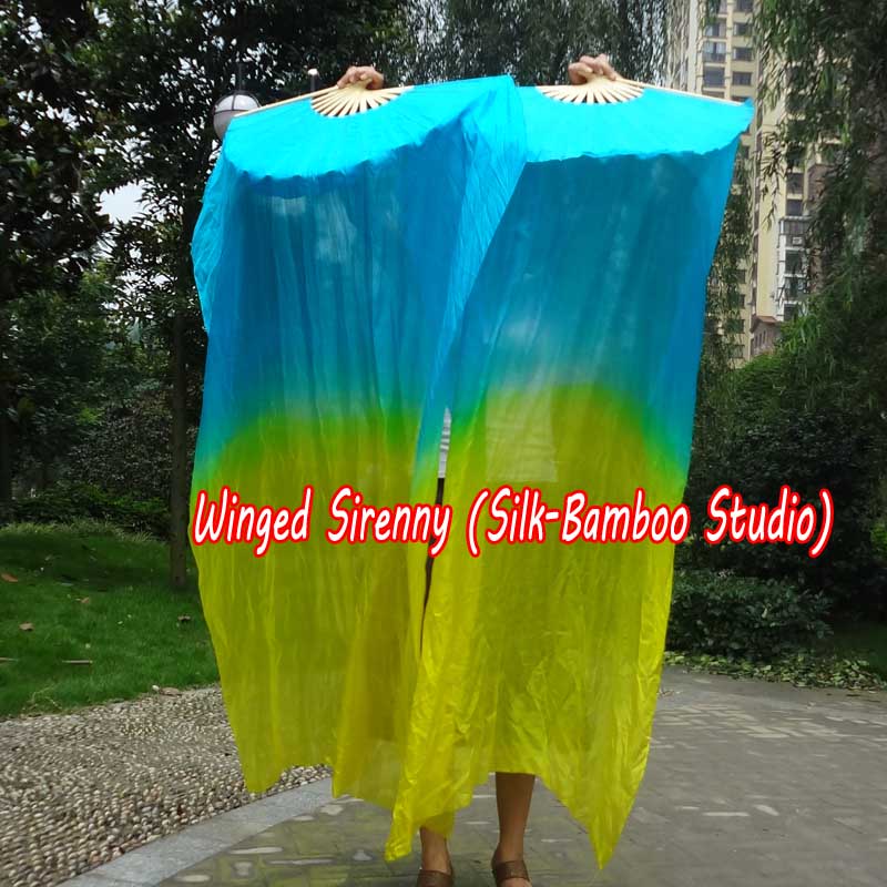 1 pair 1.5m (59") turquoise-yellow belly dance silk fan veil