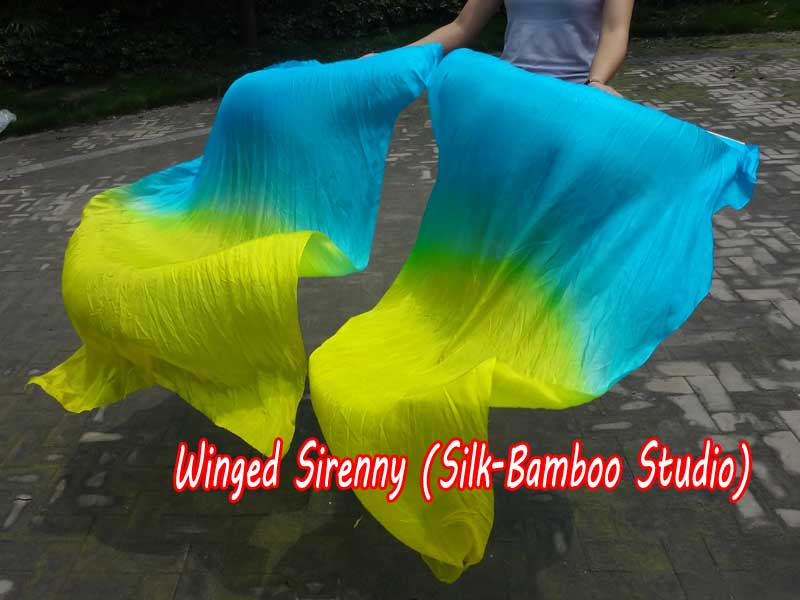 1 pair 1.5m (59") turquoise-yellow belly dance silk fan veil