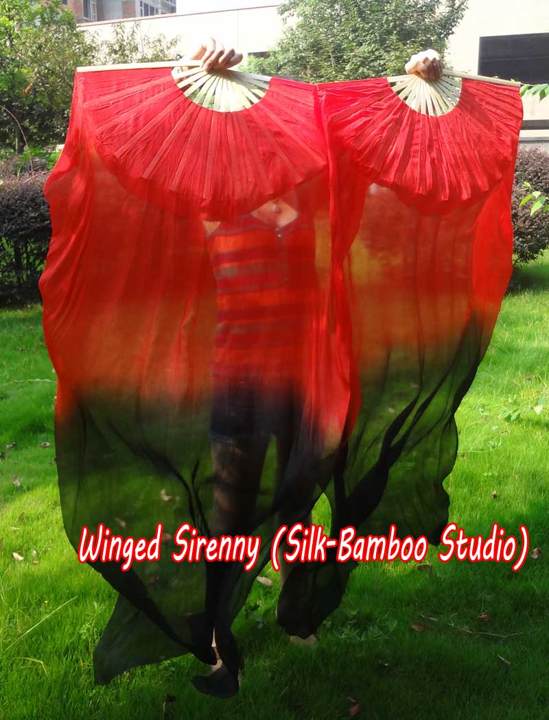 1 pair 1.5m (59") red-black belly dance silk fan veil