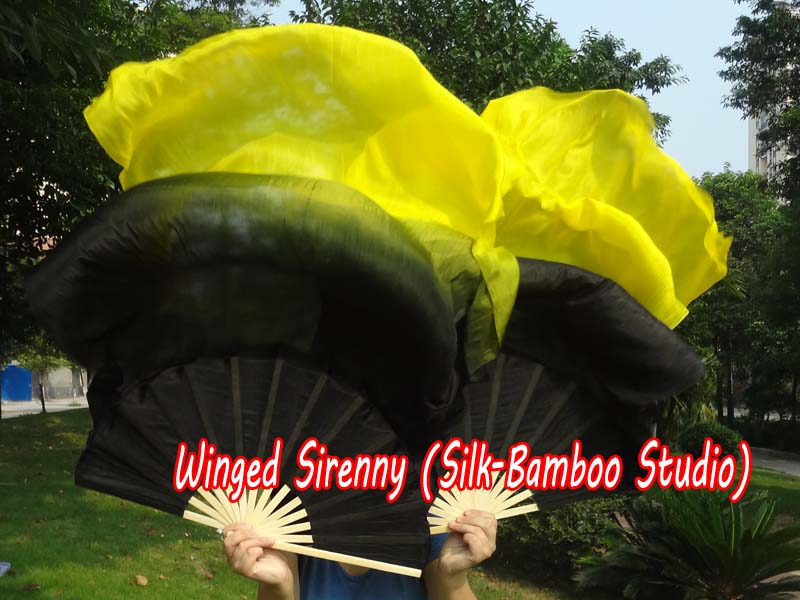 1 pair 1.5m (59") black-yellow belly dance silk fan veil