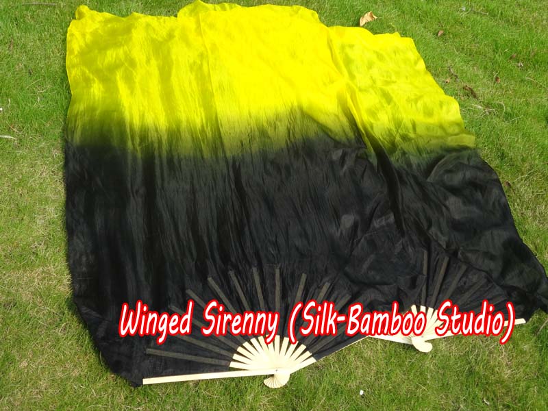 1 pair 1.5m (59") black-yellow belly dance silk fan veil