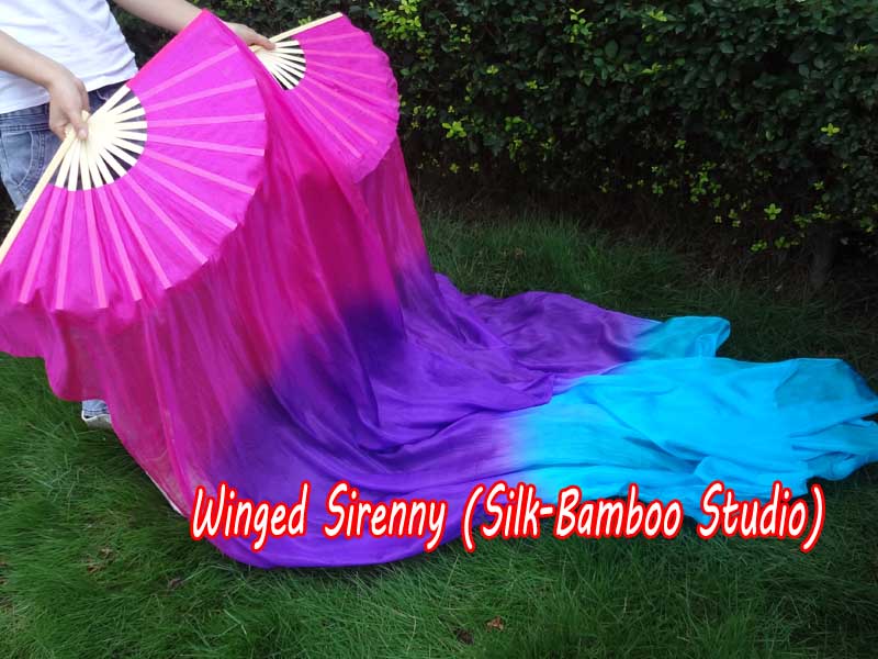 1 pair 1.8m (71") pink-purple-turquoise belly dance silk fan veils