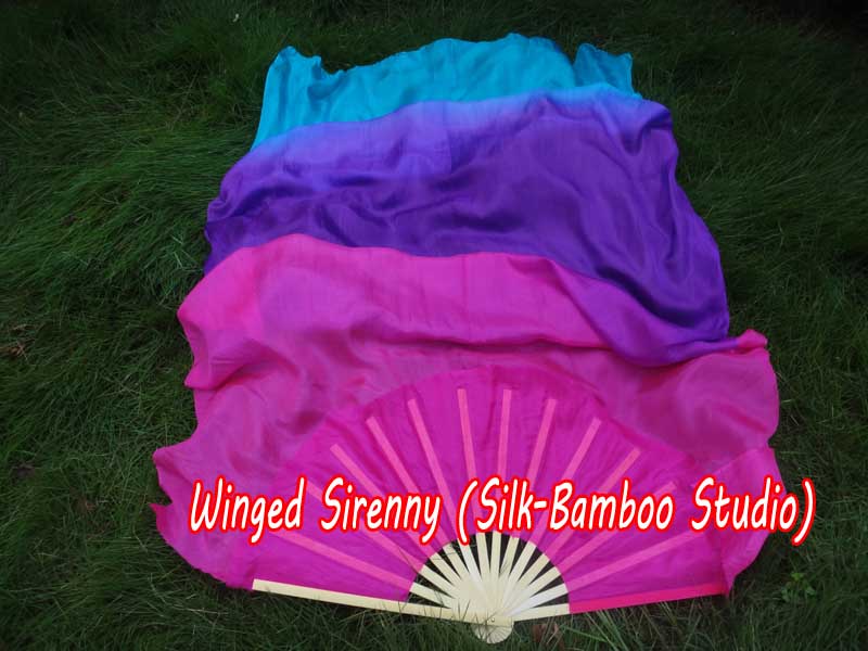 1 pair 1.8m (71") pink-purple-turquoise belly dance silk fan veils