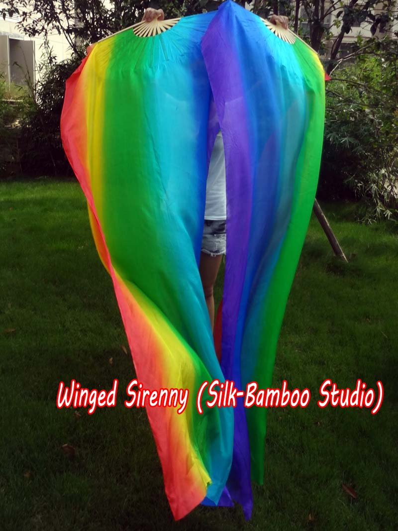 1 pair Rainbow long stripes 3G belly dance silk fan veil
