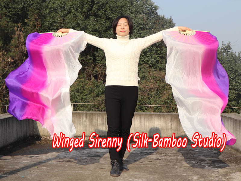 1 pair white-pink-purple long stripes 3G belly dance silk fan veil