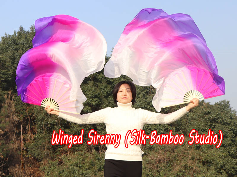 1 pair white-pink-purple long stripes 3G belly dance silk fan veil