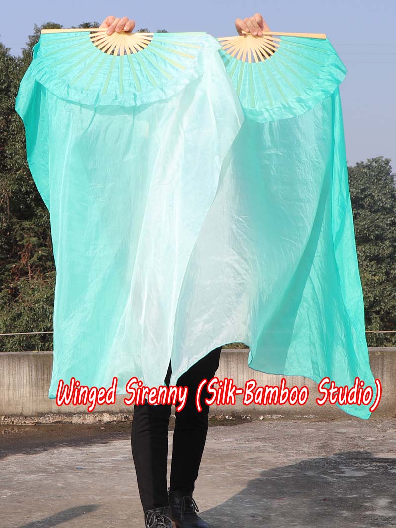 1 pair 1.1m (43") peacock green fading long side silk fan veils for kids
