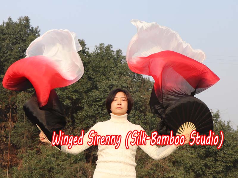 1 pair 1.5m (59") black-red-white belly dance silk fan veil
