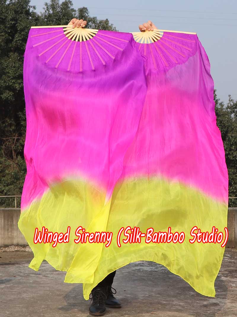 1 pair 1.5m (59") purple-pink-yellow belly dance silk fan veil