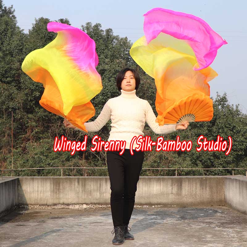 1 pair 1.8m (71") orange-yellow-pink belly dance silk fan veils