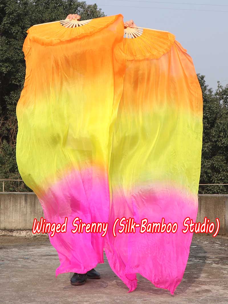 1 pair 1.8m (71") orange-yellow-pink belly dance silk fan veils