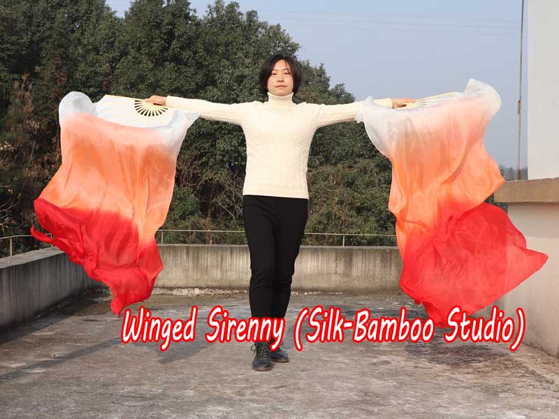 1 pair 1.8m (71") white-orange-red belly dance silk fan veils
