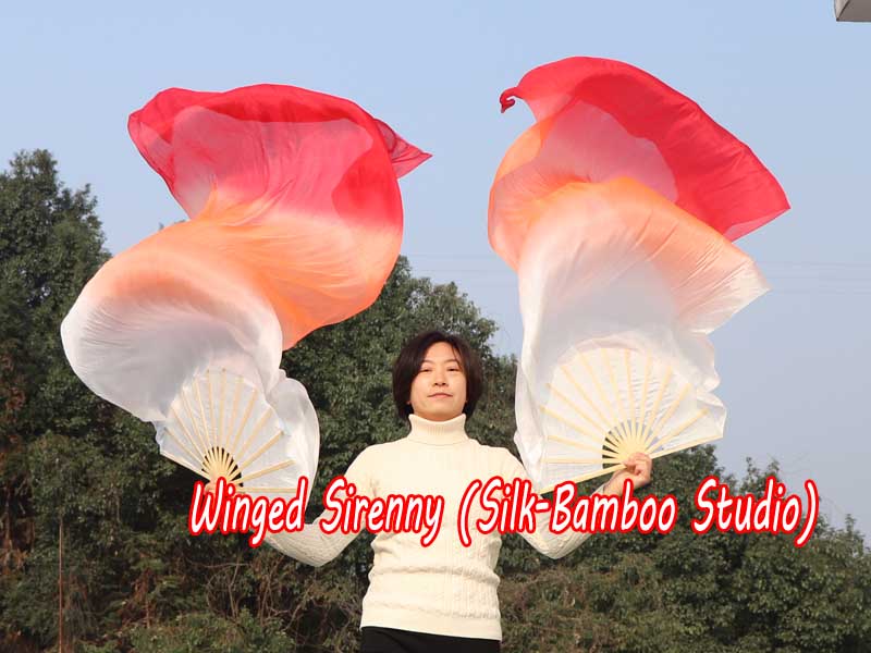 1 pair 1.8m (71") white-orange-red belly dance silk fan veils