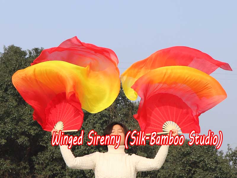1 pair 1.8m (71") red-orange-yellow-orange-red belly dance silk fan veils