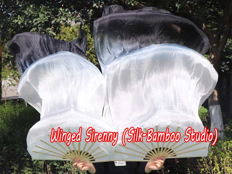 1 pair 1.8m (71") white-black belly dance silk fan veils