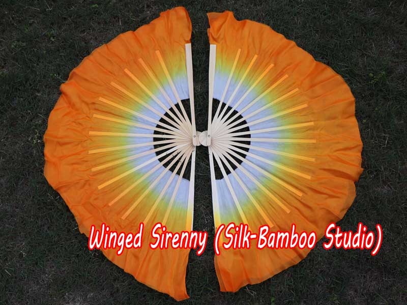 1 Pair white-orange short Chinese silk dance fan, 10cm (4") flutter