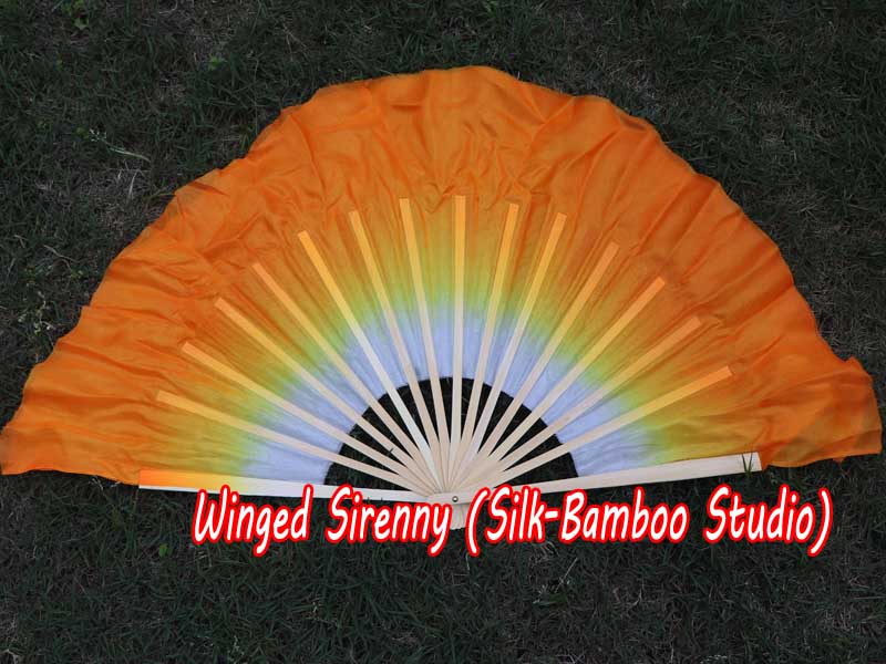 1 Pair white-orange short Chinese silk dance fan, 10cm (4") flutter
