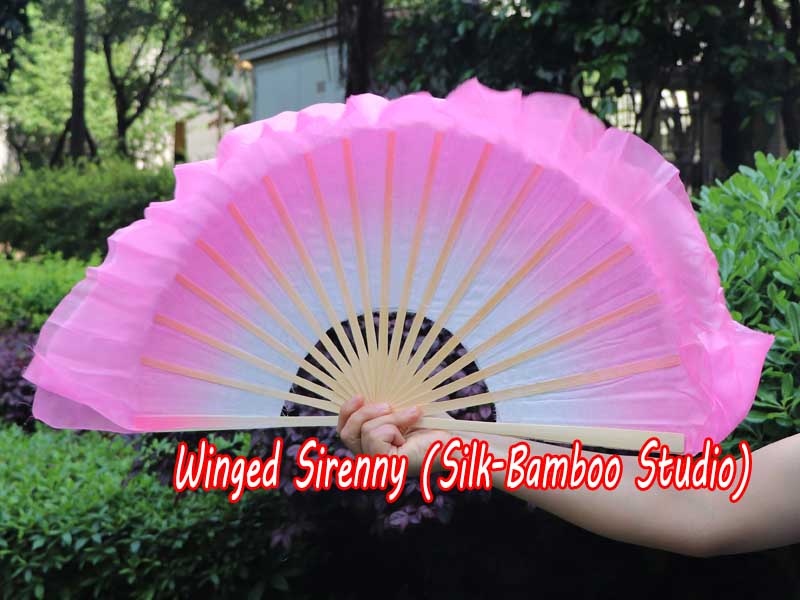1 Pair white-light pink short Chinese silk dance fan, 10cm (4") flutter